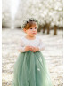 Ivory Lace Sage Tulle Floor Length Flower Girl Dress